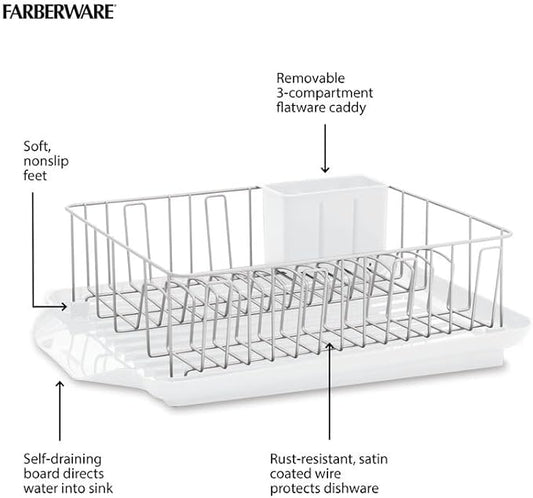 Farberware Classic Large Rust Resistant Full Dishrack with Removable 3 Compartment Flatware Caddy, Andlged Drain Board, 3-Piece, White