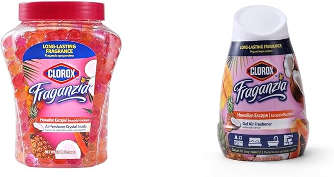 Clorox Fraganzia Air Freshener Bundle: Hawaiian Escape Burst Crystal Beads (12oz) & No-Plug, Battery-Free Gel Cone (6oz) for Long-Lasting Freshness in Any Space