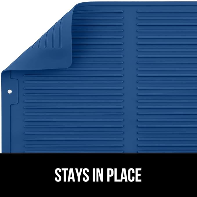 GORILLA GRIP 100% BPA-Free Patented Silicone Dish Drying Mat for Kitchen Counter, Water Catching Ribbed Design, Easy Clean Waterproof Sink Liner, Heat Resistant, Fits Under Rack, 11x13 Inch, Blue
