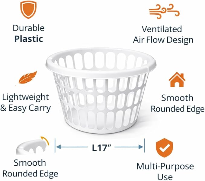 2 Pack 1 Bushel Round Laundry Baskets, White Plastic Clothes Hamper with Ventilated Design and Built-In Handles, Lightweight Household Organizer