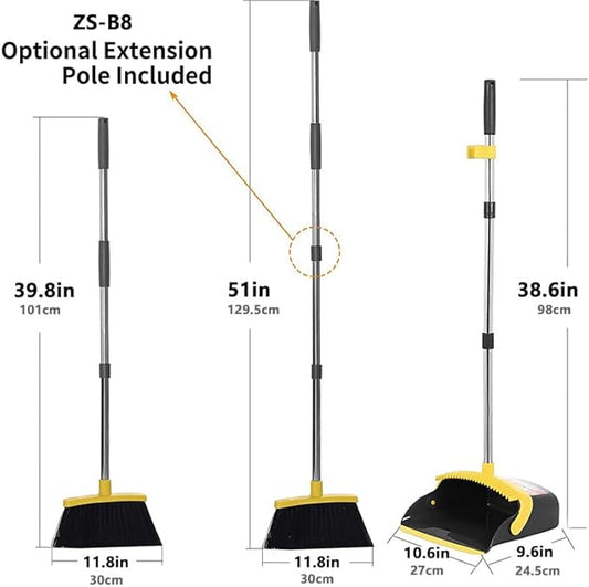 2-Pack is More economical,Brooms with Dustpan Combo Set, with 52" Long Handle, Dustpan Teeth with self-Cleaning Function, Indoor and Outdoor Sweeping, Perfect for Home Office (Large/Yellow/ 2-Pack)