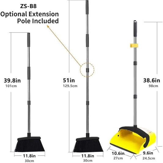 2-Pack is More economical,Brooms with Dustpan Combo Set, with 52" Long Handle, Dustpan Teeth with self-Cleaning Function, Indoor and Outdoor Sweeping, Perfect for Home Office(Large/Yellow /2-Pack).