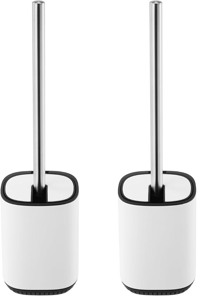 Toilet Brush and Holder Set Durable Toilet Scrubber Sleek Toilet Bowl Brush Stainless Steel Bathroom Toilet Brush Set with Lid Toilet Cleaning Brush 2 Pack(2, White)