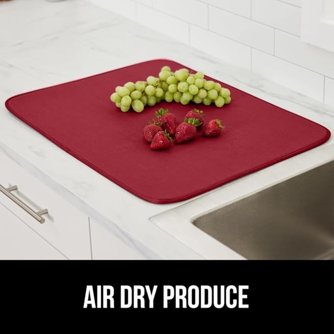 GORILLA GRIP Ultra Water Absorbent Microfiber Dish Drying Mat, Quick Dry Thick Mesh, Slip Resistant Pad for Sink Dishes or Under Rack, Kitchen Counter Accessories, Machine Wash Mats, 18x16 Inch, Red
