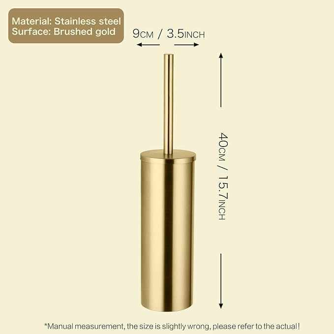 Toilet Brush and Holder Set - Brushed Stainless Steel Gold Toilet Brush and Holder with Removable Liner and Splash Protection - Dense bristles (with Brush Handle)