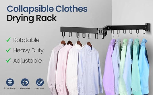 Foldable Wall Mounted Clothes Drying Rack – Heavy Duty Collapsible Laundry Rack with Hooks for Indoor/Outdoor Use, Perfect for Small Apartments and Space Saving Drying Needs