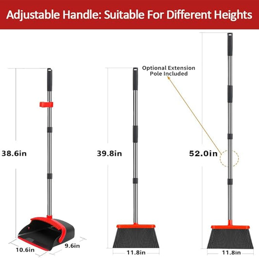 2-Pack is More economical,Brooms with Dustpan Combo Set, with 52" Long Handle, Dustpan Teeth with self-Cleaning Function, Indoor and Outdoor Sweeping, Perfect for Home Office (Large/Red /2-Pack)
