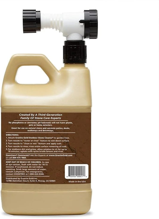Granite Gold Outdoor Stone & Concrete Cleaner, Deep Cleans Patios, Decks, Driveways, & Walkways, Safe for Plants, Pets, & Home Exteriors, Garden Hose Attachment Included for Easy Cleaning, 64 Fl Oz