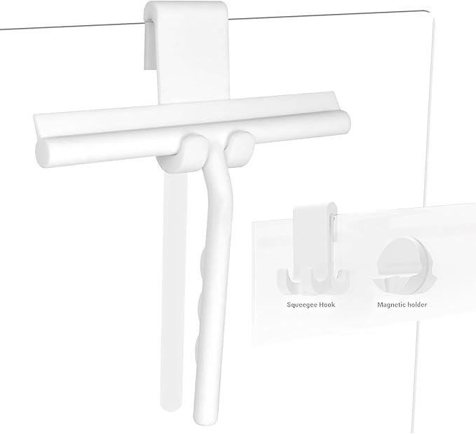 Shower Squeegee for Glass Doors, Full Silicone Jacketed Squeegee with Ergonomic Handle & No-Drill Hook, Cleaning Tool for Windows, Mirrors, Tiles, Bathroom & Car - White