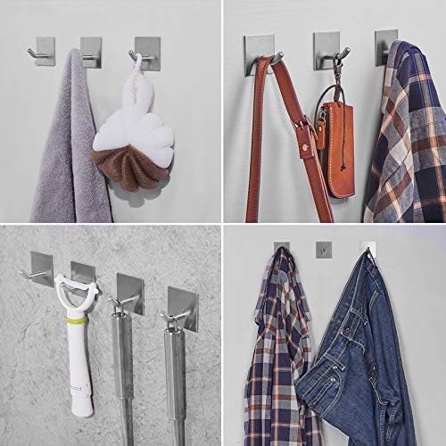 FOMANSH Heavy Duty Adhesive Hooks, Stick on Wall Adhesive Hangers, Strong Stainless Steel Holder, Self Adhesive Hooks for Kitchen Bathroom Home Door Towel Coat Key Robe 4 Packs Silver