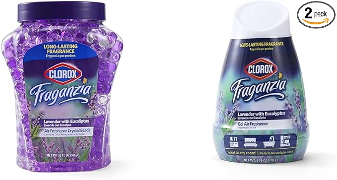 Clorox Fraganzia Air Freshener Bundle: Lavender and Eucalyptus Burst Crystal Beads (12oz) & No-Plug, Battery-Free Gel Cone (6oz) for Long-Lasting Freshness in Any Space