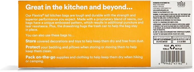 365 by Whole Foods Market, Flextra Strength Drawstring Tall Kitchen Trash Bags, 13 Gallon, 20 Count