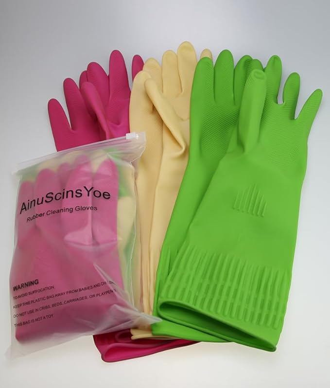 Reusable Rubber Cleaning Gloves - Waterproof, Non-Slip 15" Long Cuff Kitchen Gloves for Dishwashing, 3 Pairs (Yellow, Red, Green), Large