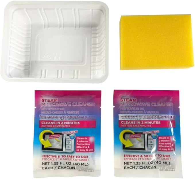 Steam Microwave Cleaner Kit with Sponge and Tray, Fast Steam Cleaning Solution Packets, Reusable System, Easy Kitchen Accessory