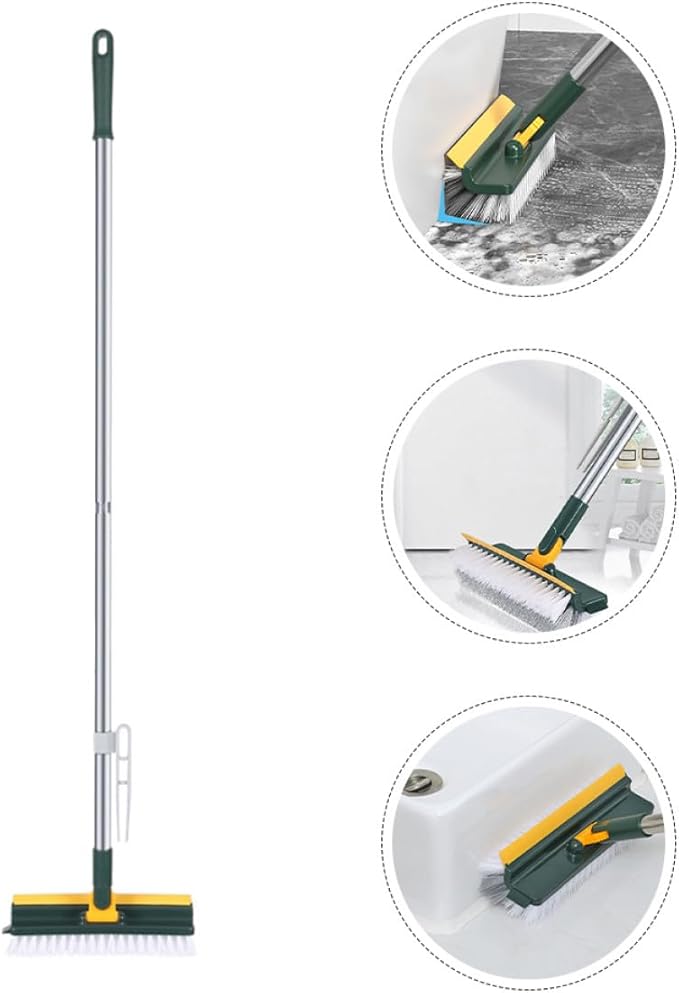 Multi-Purpose Long Handle Floor Scrub Brush with Squeegee, Stiff Bristles Bathroom Floor Scrubber for Shower and Carpet Cleaning, Green Household Cleaning Brush
