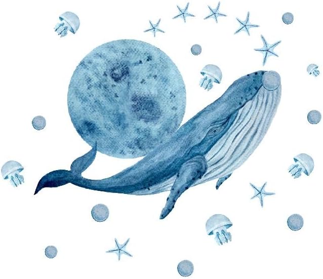 Alwayspon Blue Whale Wall Decals Vinyl Removable Wall Murals Peel and Stick Self Adhesive House Wall Sticker Decor for Bedroom Living Room Nursery