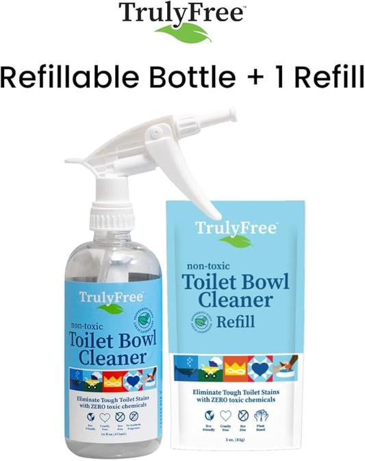 Truly Free Toilet Bowl Cleaner - Heavy-Duty Stain Remover - Septic Safe, Plant-Based Formula - Fresh Peppermint Scent - 2 Refills (3oz) with Empty Refillable Bottle