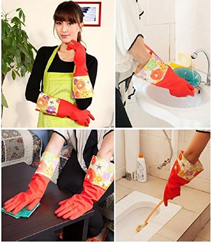 Kitchen Rubber Cleaning Gloves with Warm Lining Household Thickening PU Waterproof Dishwashing Latex Glove Large 2 Pairs