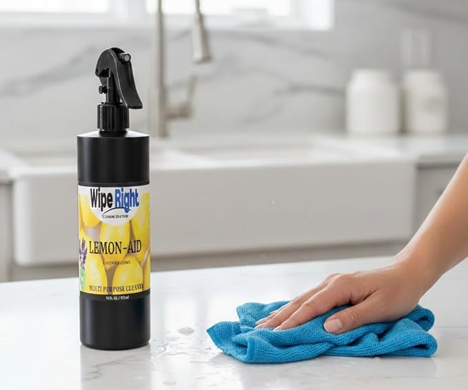 Wipe Right Cleaning Solutions-MultiPurpose Lemon-Aid Cleaner. Plant Based 16 oz. Household Daily Cleaner. Lavender And Lemon Scented. Use in Kitchen, bathroom, countertop,walls,fridge,stove