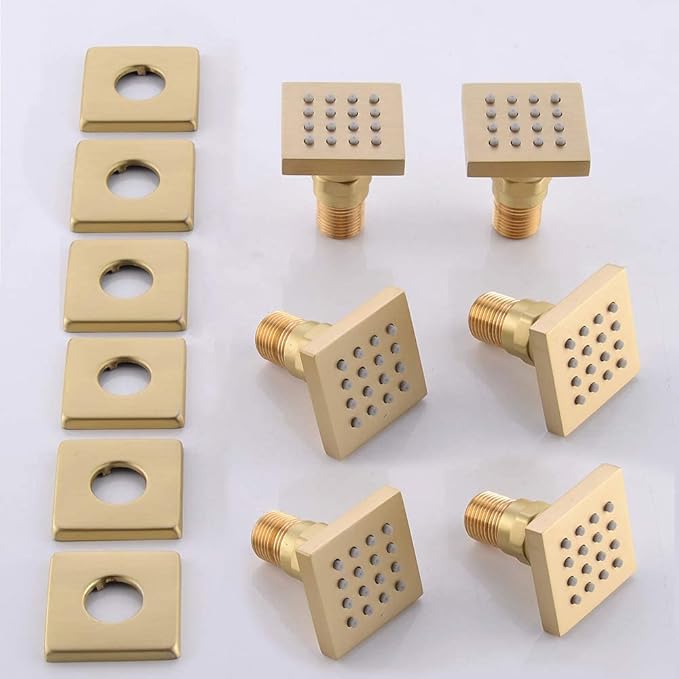 Brushed Gold 6 Pack HOMEDEC 2inch Round Brass Square Massage Shower Body Sprayer Jets
