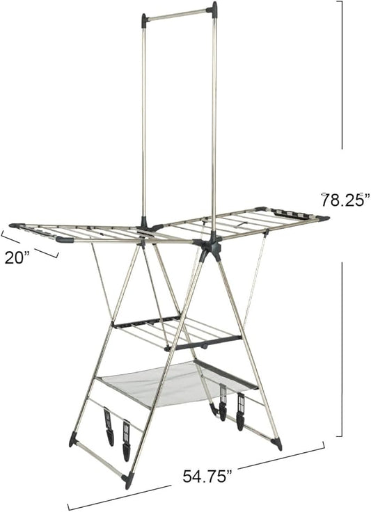 Household Essentials Multi Tier Stainless Steel Laundry Drying Rack with T Bar and Two Side Wings, Silver