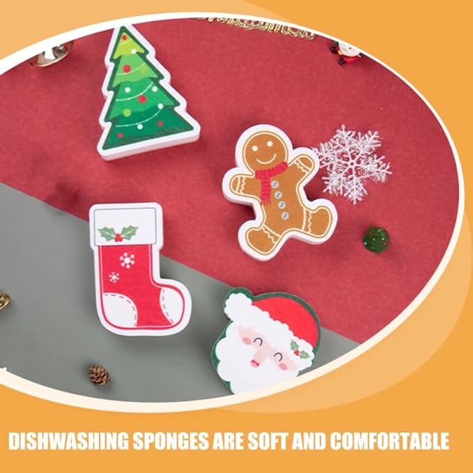 4pcs Cute Christmas Dishwashing Sponges Reusable Kitchen Scrubbers for Cleaning Thickened Design for Sturdy Use Kitchen and Bathroom Cleaning