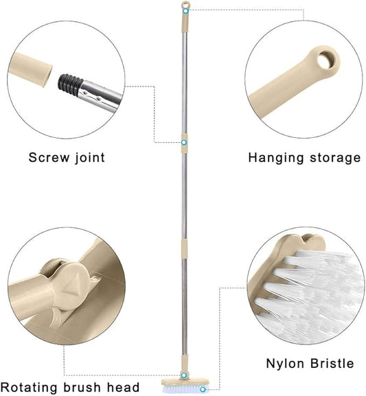 LandHope Long Handled Scrub Brush Rotatable Brush Head Floor Brush Scrubber Adjustable Poles Small Shower Tile Grout Scrubber Cleaning Brush for Bathroom Bathtub Kitchen Balcony Wall Deck - Beige