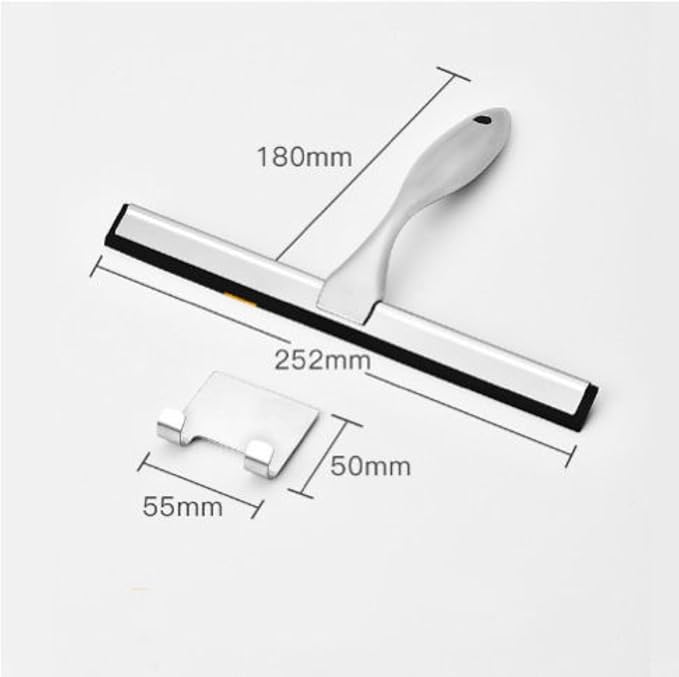 10-Inch All-Purpose Stainless Steel Shower Squeegee β Bathroom Glass Door and Mirror Cleaner with 2 Adhesive Hooks, Ideal for Windows, Tiles, Walls, and Cars, Silver Finish