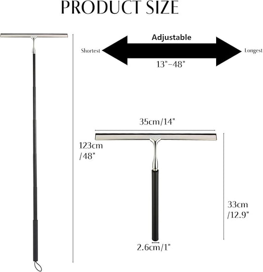 Shower Squeegee with Long Handle – Includes Replacement Silicone Blade, Extendable 13" to 48", 14" Wide for Glass, Mirrors, Windows, Bathroom Tiles & Walls, Telescopic Wiper with Hooks (Black)