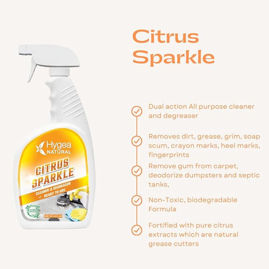 Hygea Natural Citrus Sparkle Chemical-Free Heavy Duty Degreaser & All Purpose Cleaner - Pure Citrus Extracts & Natural D-limonene - Removes Grease, Dirt & Grime (3 Pack of 24 Ounce Spray)