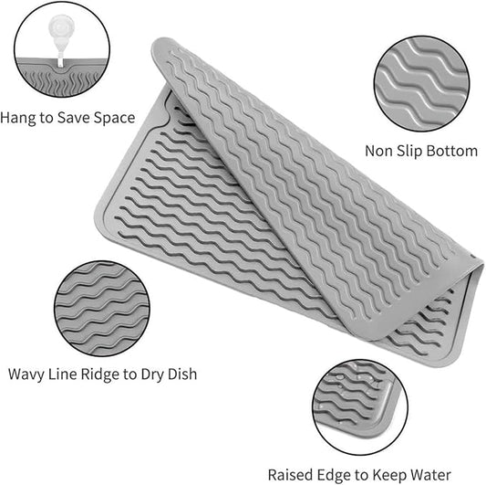 Silicone Dish Drying Mat for Multiple Usage,Easy clean,Eco-friendly,Heat-resistant Silicone Mat for Kitchen Counter or Sink,Refrigerator or Drawer liner Grey L 16 inches x 12 inches