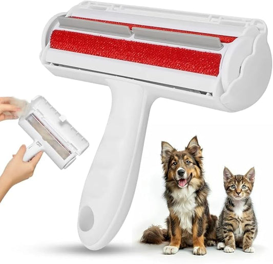 EcoPet's Pet Hair Remover – Reusable Lint Roller for Cat & Dog Fur on Furniture, Clothes, Couch, Carpet, Car, Rugs & Bedding – Portable Hair Removal Tool, Eco-Friendly, Upgraded Handle (White & Red)