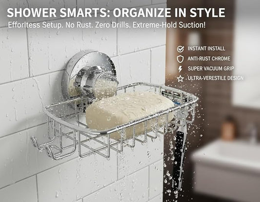 Soap Dish for Shower Suction Cup Powerful Vacuum System Rustproof 304 Stainless Steel Basket Sponges Holder with Razor Hooks for Bathroom or Kitchen Soap Holder (Silver)