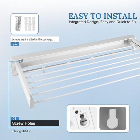Wall Mounted Clothes Drying Rack, Foldable Laundry Hanger Dryer Rack, Laundry Drying Rack Collapsible with 4 Hooks Clothes Garment Drying Organizer