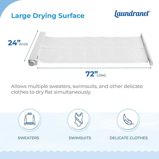 Retractable Clothes Drying Rack - Flat Hanging Mesh Drying for Delicate Clothes and Sweaters – Eliminate Bumps and Stretching from Hangers and Lines - 24" Wide and Opens Up to 72" - 1 Pack