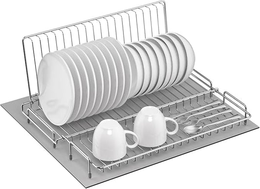 Dish Drying Rack Stainless Steel Collapsible Foldable Small Dish Rack Countertop Portable Drainer with Drying Mat for Kitchen Dorm RV Campers Travel Trailer Space Saving