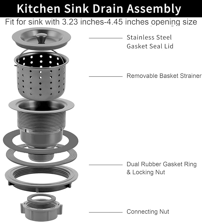 Sink Strainer Kitchen Sink Drain Assembly Kit 3-1/2 Inch with Kitchen Sink Drain Basket,304 Stainless Steel Sink Stopper & Cover Lid,Stainless Steel Matt Black