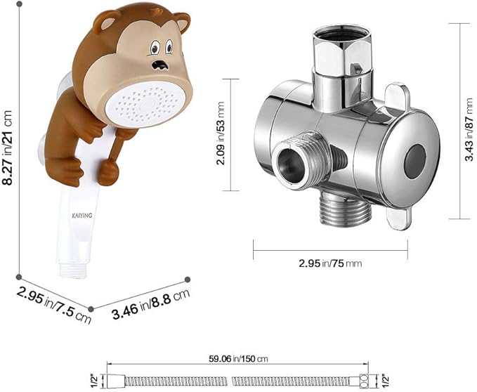 KAIYING Children's Handheld Shower Head,Cartoon Water Flow Spray Shower Head Baby Kids Toddler Bath Bathing Accessories (L:Showerhead(Monkey)+Hose+Diverter)
