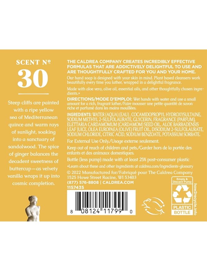 Caldrea Hand Wash Soap, Aloe Vera Gel, Olive Oil And Essential Oils To Cleanse And Condition, Vanilla Quince Santal scent, 10.8 Oz