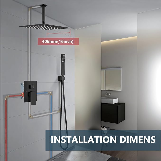 Aolemi Matte Black Ceiling Mount Rain Shower Head with Handheld Spray and High Pressure Faucet Set, Includes 16 Inch Shower Head and Trim Kit