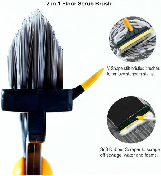 2 in 1 Cleaning Scrub Brush Grout Brush Scrape Floor Scrub Brush with Long Handle V-Shape Stiff Bristle Brush Scrubber with Squeegee 120°Rotating Shower Scruber for Cleaning Bathroom Glass Wall
