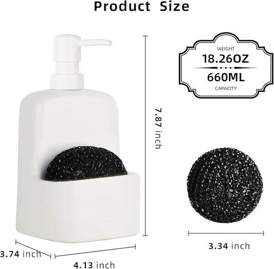 Dish Soap Dispenser - Kitchen Soap Dispenser with Sponge Holder Matte Ceramic Soap Daddy Dispenser 20oz for Kitchen (Matte White)