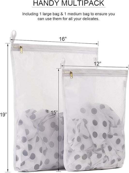TENRAI Delicates Laundry Bags, Bra Fine Mesh Wash Bag for Underwear, Lingerie, Bra, Pantyhose, Socks, Use YKK Zipper, Have Hanger Loops (White, 1 Large & 1 Medium)
