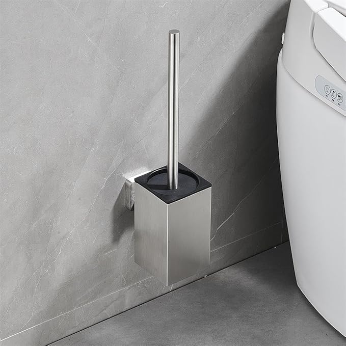Wall Mount Toilet Brush and Holder Set Stainless Steel Square Toilet Bowl Cleaners Modern Toilet Brush Bathroom Accessories (Brushed Silver)