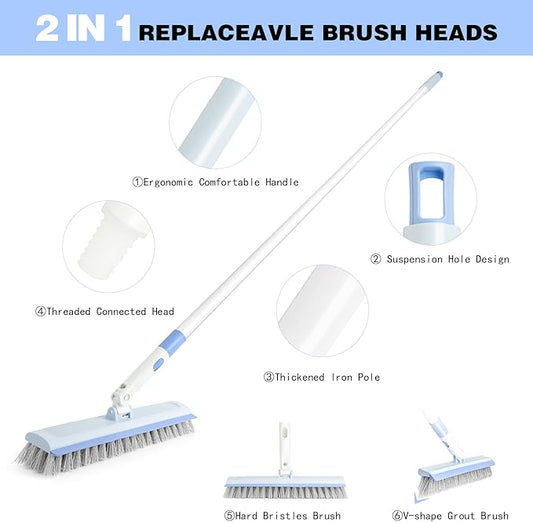 Floor Scrub Brush and V-Shape Grout Brush with Long Handle 3 in 1 Replaceable Head Scrape Brush Stiff Bristle with Swivel Head for Cleaning Tiles Hardwood Floors Patios Blue