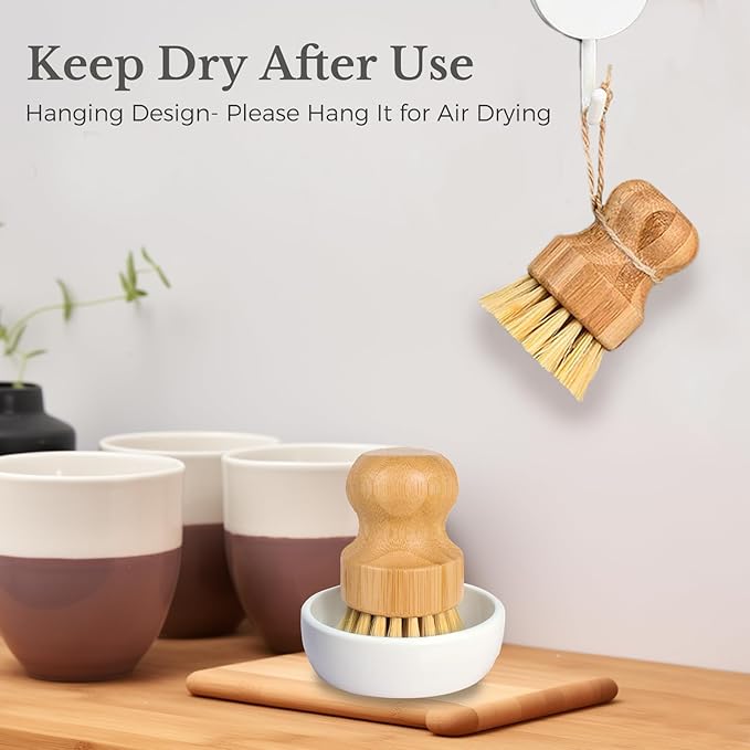 Bamboo Dish Brush, Eco Friendly Sisal Scrubber Brush with Ceramics Holder-Wooden Brush for Pot,Dish and Vegetables (Ceramic Dish+ 2P Sisal)