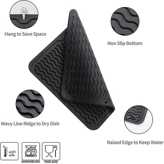 MicoYang Silicone Dish Drying Mat for Multiple Usage,Easy clean,Eco-friendly,Heat-resistant Silicone Mat for Kitchen Counter or Sink,Refrigerator or Drawer liner Black M 12 inches x 12 inches