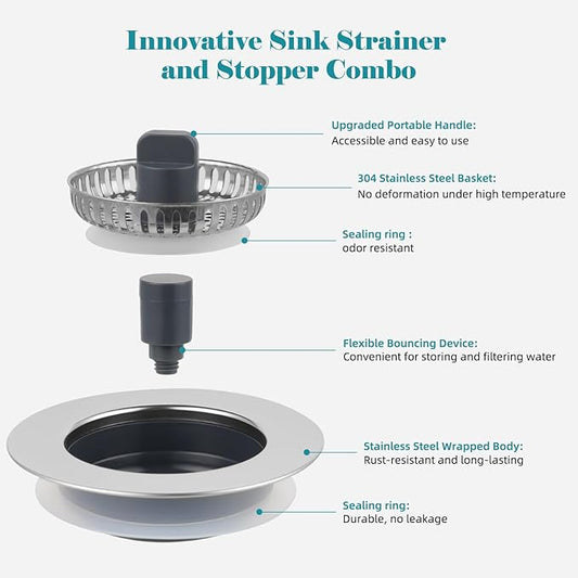 Universal Stainless Steel Kitchen Sink Drain Strainer Stopper, 3-in-1 Sink Stopper Strainer for Standard 3-1/2 Inch Kitchen Sink, Chrome-plated Shell with 304 Stainless Steel Mesh Strainer Basket