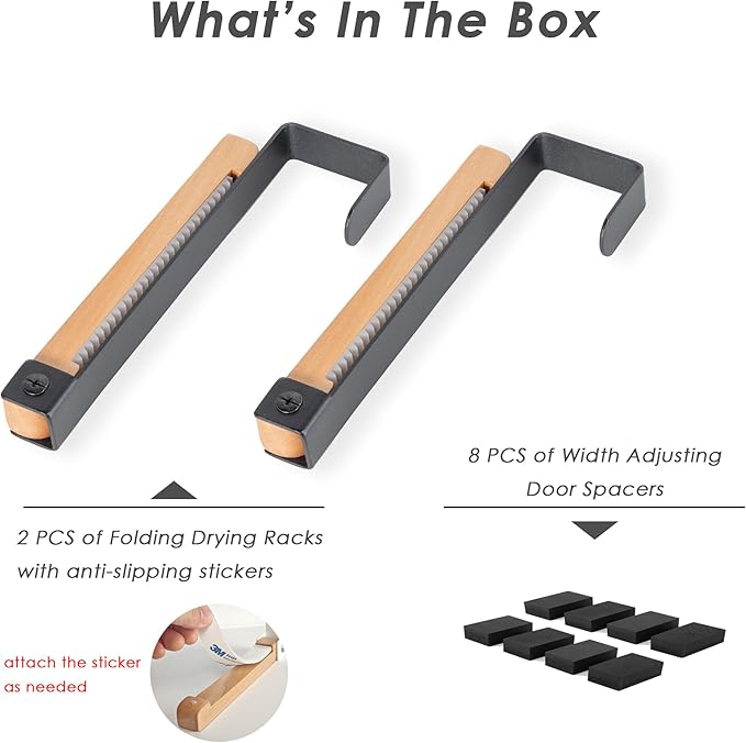 2 Pack Folding Clothes Drying Rack, Thickness Adjustable, Metal/Wooden, Portable, Lightweight, Heavy Duty, Over The Door Hooks for Laundry (Black)