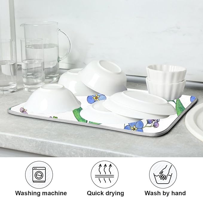 Blue Forget-me-not Flowers Dish Drying Mat for Kitchen Counter 16x18 inch Super Absorbent Drying Mat Large Dish Drying Mats for Kitchen Countertop Protector Dishes Pad